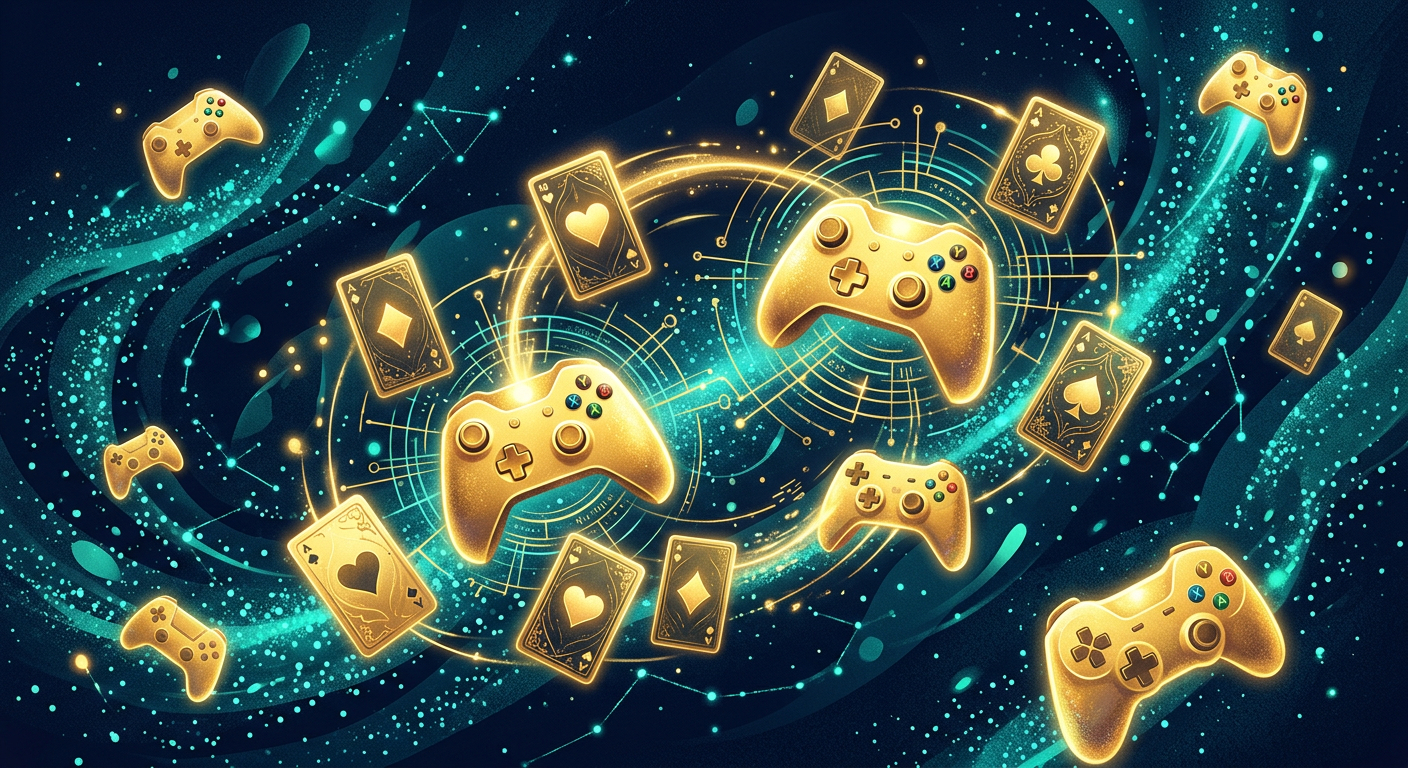 Illustration of the Gamingity social gaming community with golden game controllers and playing cards